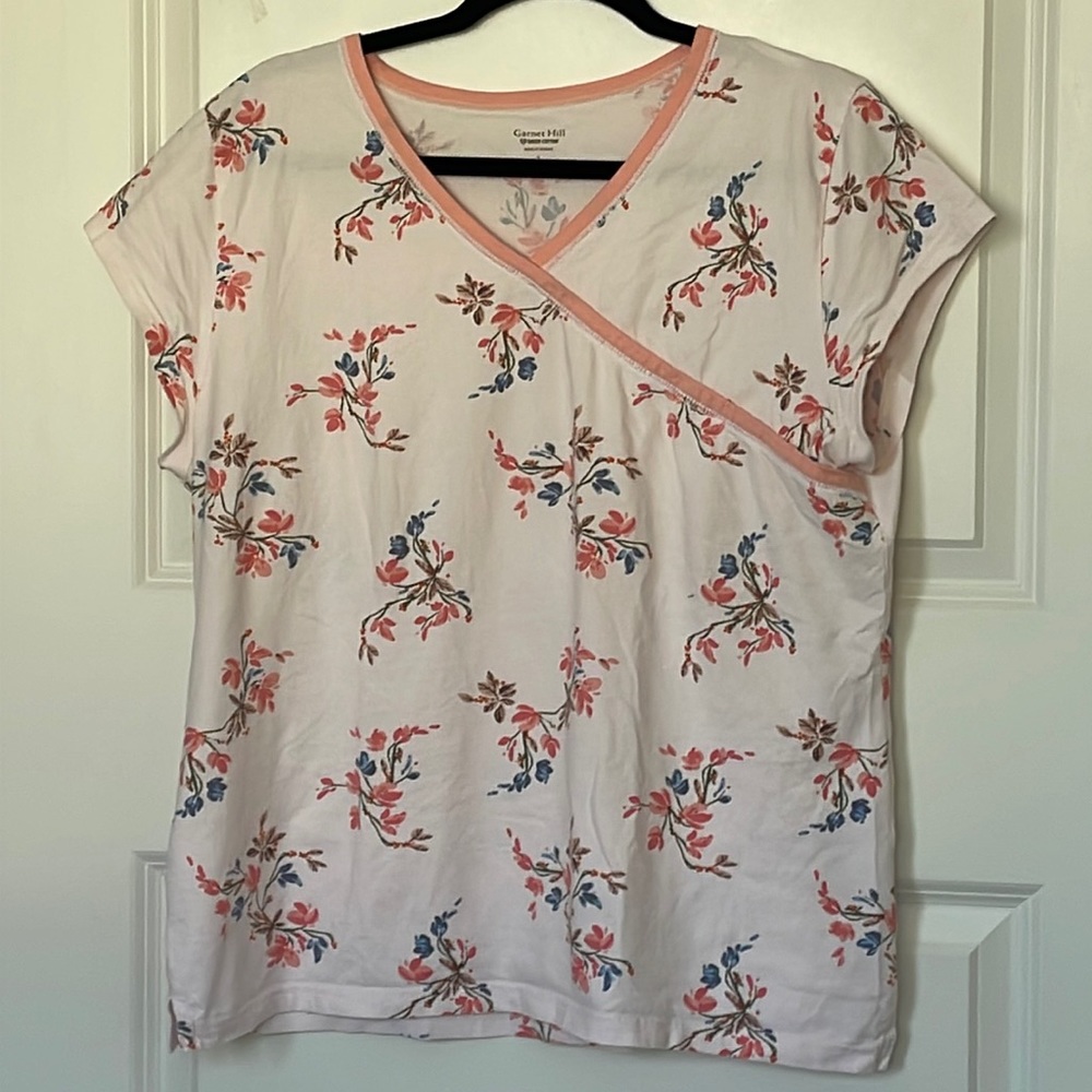 Garnet Hill Pink Asian Inspired Floral Tee Large Faux Wrap